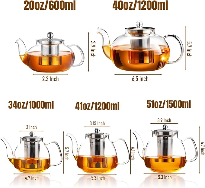 PARACITY Glass Teapot Stovetop 50 OZ/1500ml, Tea pot with Removable 18/8 Stainless Steel Infuser, Borosilicate Clear Tea Kettle, Teapot Blooming and Loose Leaf Tea Maker Tea Brewer for Camping, Travel