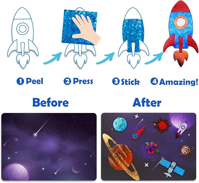 ZMLM Foil Art Kit for Kids - Arts Crafts Fun Mess Free Activity, Gifts for Ages 4 5 6 7 8 9 Girls Boys, Crafts for Kids Creative Birthday Easter Basket Stuffers Gifts Toys (Planet Space)