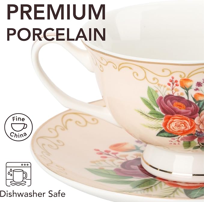 BTaT- Floral Tea Cups and Saucers, 8 oz, Fine Porcelain Teacup Set with Gold Trim for Afternoon Tea, Weddings, Parties & Gifting, Dishwasher Safe, Lightweight, Non-Toxic, Set of 6