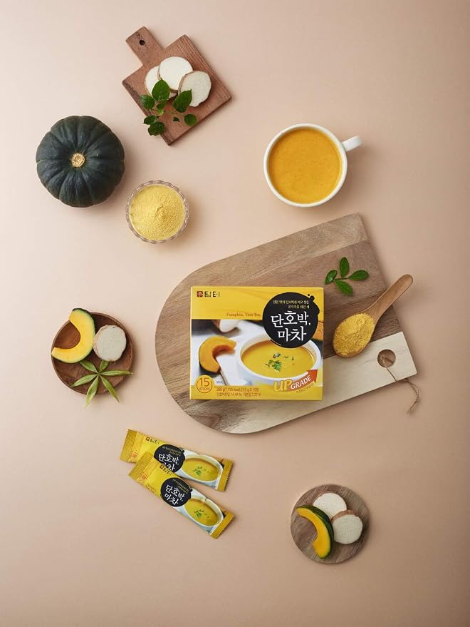 Damtuh Sweet Pumpkin & Yam Tea Powder Drink Mix – Korean-Style Pumpkin Latte, Creamy & Smooth, Caffeine-Free, 17g x 15 Stick Packs