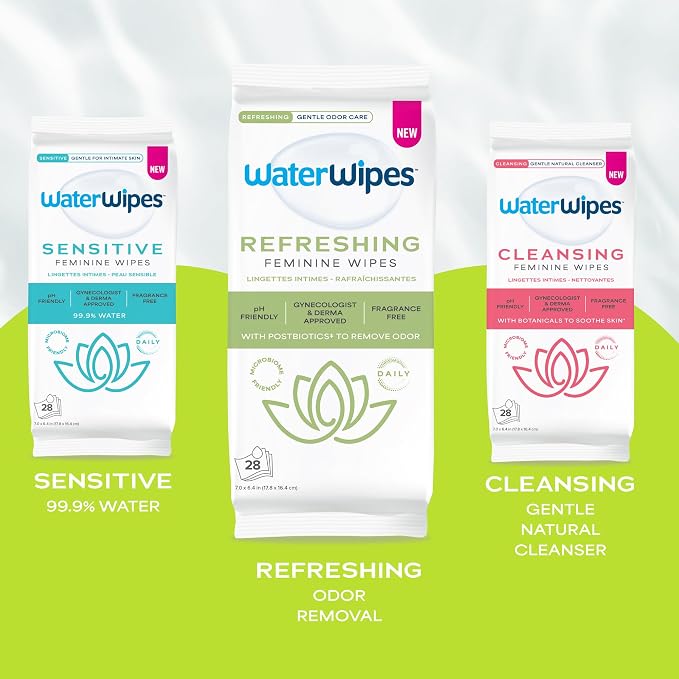 WaterWipes Refreshing Feminine Wipes, Stay Fresh On-The-Go, pH Friendly for Daily Intimate Care, Odor Removal, Gynecologist Approved, Fragrance Free, 28 Count