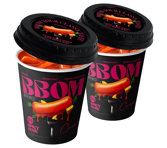 BBOM Cup Tteokbokki, Korean Rice Cake, Ready-to-Eat Microwave Meal, Chewy & Soft Texture, Easy K-Food Snack – Spicy/SpicyRose/Extreme Hot_2 ea (Spicy Rose)