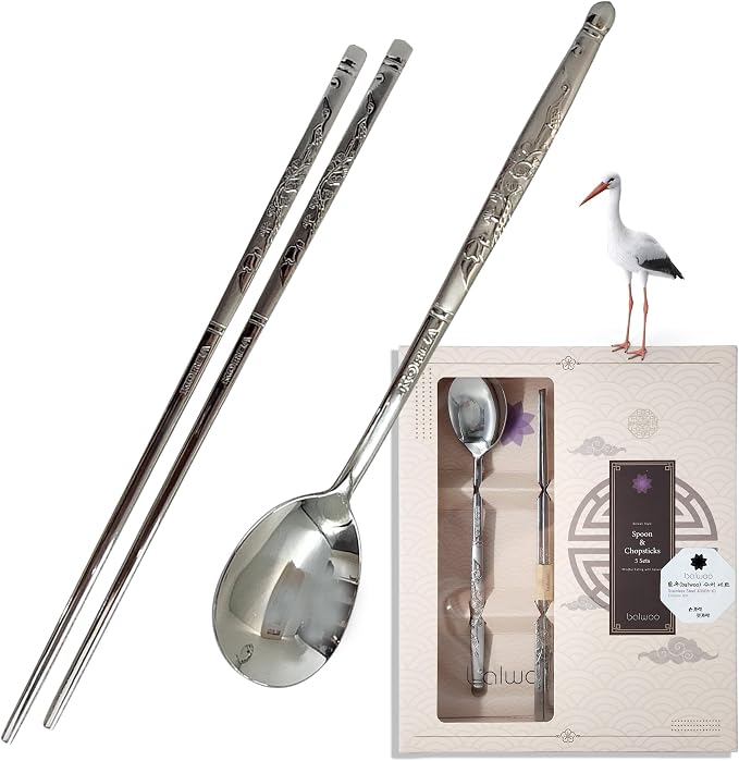 [5 Sets][Made in Korea] Sticky Korean Style Rice Spoon Chopsticks Set 430 Stainless Steel Soup Spoon Ramen Noodle Chopsticks Flatware (Crane)