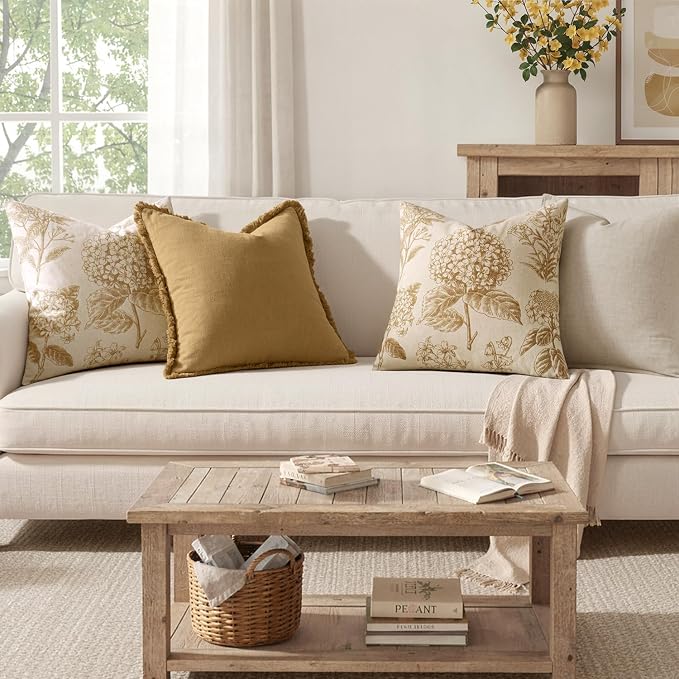 Set of 2 Decorative Floral Pillow Covers 18x18 Inch Light Yellow | Neutral Hydrangea Print, Boho Vintage Throw Cushion Covers, Cottagecore Home Decor, for Sofa Couch Porch Bedroom Living Room