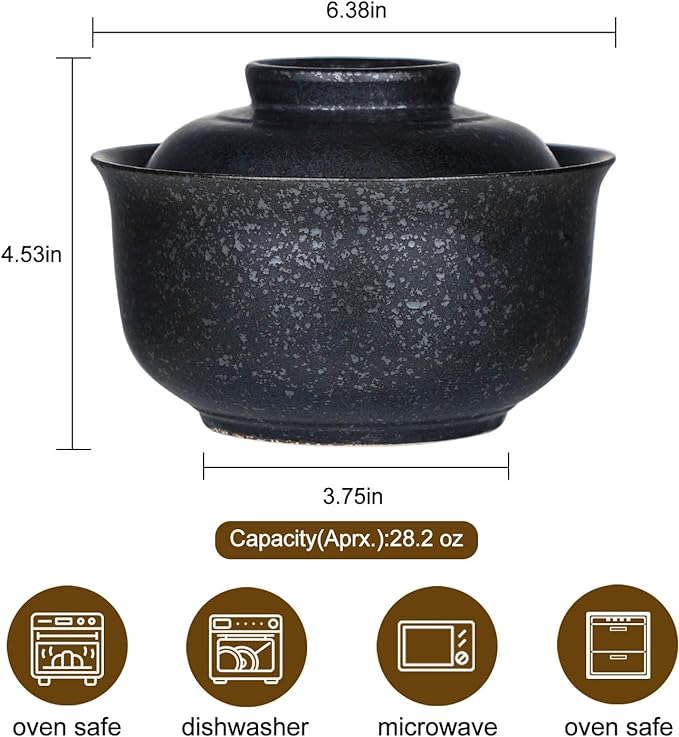 VanEnjoy Microwavable Ramen Bowl with Lid, 25 Oz Japanese Bowl Big Ceramic Japanese Soup Bowl with Lid, Korean Clay Pot - black