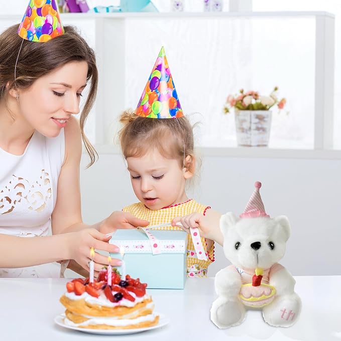 Happy Birthday Teddy Bear, Happy Birthday Stuffed Animal with Box, Adorable Bear with Cake Plush Gifts for Boys and Girls, Party Decorations Gift for 4-9 Years Kids(Pink)