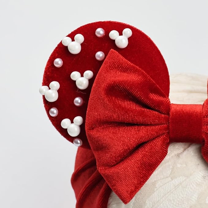 JIAHANG Baby Girl Red Velvet Mouse Ears Turban Headwrap with Beads, Wide Velour Hairband for Baby Girls, Toddler, Kids, Party Supplie