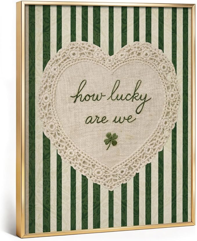 Gold Framed How Lucky Are We Wall Art Vintage Inspirational Quotes Decor | Green Striped Lace Heart Aesthetic Painting Poster Trendy Preppy Canvas Picture for Bedroom Collage Ready to Hang 8x10in