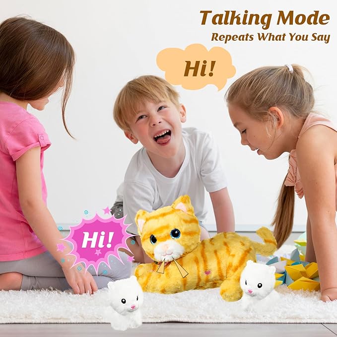 Nurturing Cat Stuffed Animal with 2 Plush Kittens, Cat Baby Stuffed for Girls and Boys Plushy Mommy Kitty with Baby Kittens for Birthday Party Favors Gifts