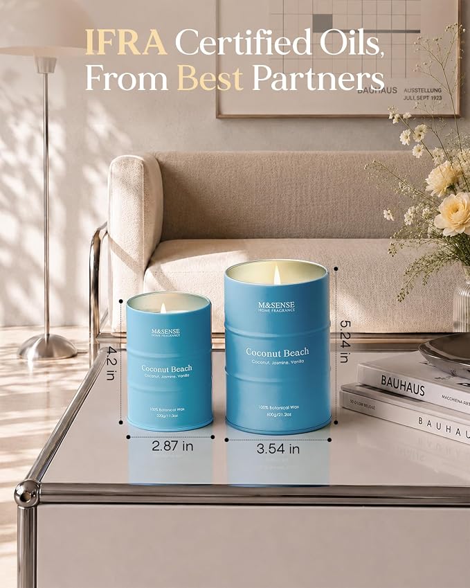 M&SENSE Coconut Beach Scented Candles Beach Soy Candle, Summer Candle for Stress Relief Meditation Relaxing, Housewarming Gifts for Women Men, 11.3oz 70 Hour Long Burning