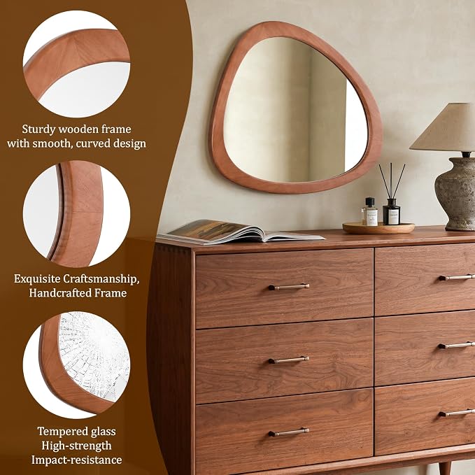 Asymmetrical Mirror, Irregular Wall Mirror for Bathroom, Bedroom, Living Room, Entryway, Hall - Walnut Wood Framed 23" H x 19" W