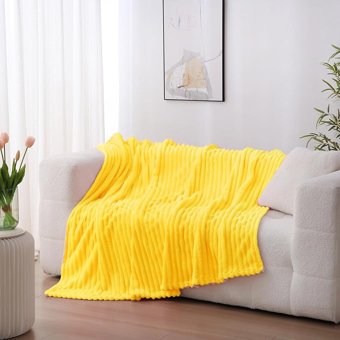 Bright Yellow Fleece Throw Blanket 50”×60” for Couch Sofa Livingroom | Super Soft Cozy Plush Microfiber Flannel Bed Blanket Striped Design Lightweight Home Decor Gifts for Adults Mom Women