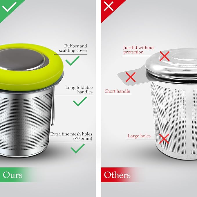 Tea Infuser Stainless Steel Tea Strainer Folding Handle Tea Filter Extra Fine Mesh Strainer Brewing Basket with Lid for Loose Leaf Tea (Green)