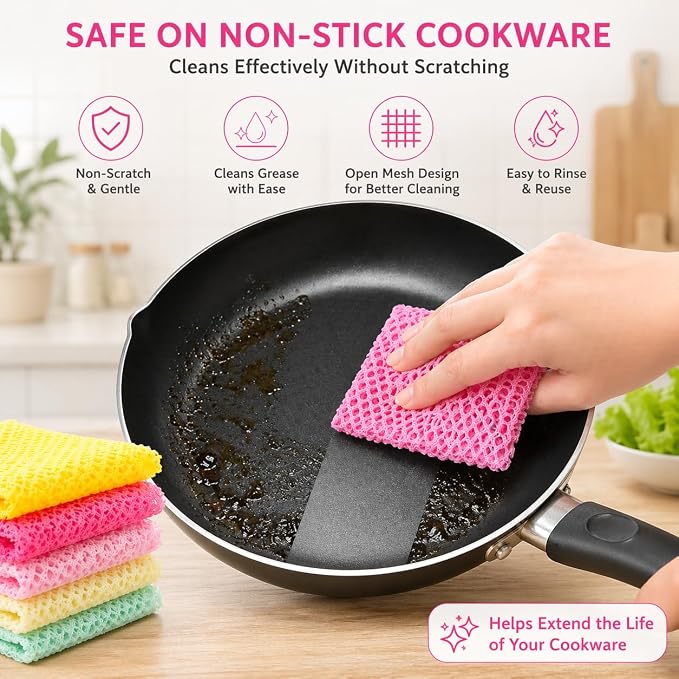 OliviaTree Dish Scrubber 10 Pack, Non Scratch Reusable Mesh Scrub Cloth for Dishes Pots Pans Sink, Quick Dry Odor Resistant Sponge Alternative, Korean Kitchen Cleaning Pad 11x11 Inch