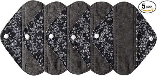 5 Pieces Charcoal Bamboo Mama Cloth/Menstrual Pads/Reusable Sanitary Pads (Black lace, Pantyliner (8 inch))