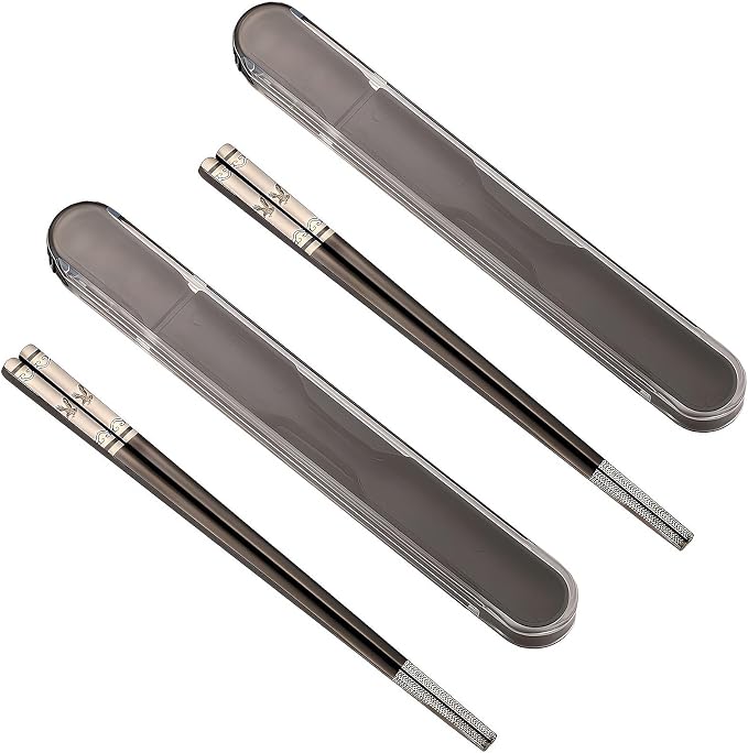 Portable Chopsticks, 2PC Black Eagle,18/8 Stainless Steel | Pull Design Case, Titanium Plated, Reusable, Dishwasher Safe