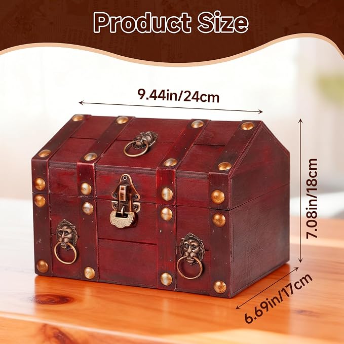 Large Vintage Wooden Treasure Chest Antique Box with Metal Lock | Wood Jewelry Box Storage Decorative Boxes Handmade Rectangle Organizer for Women Ring Necklace Earring Coins Collectibles