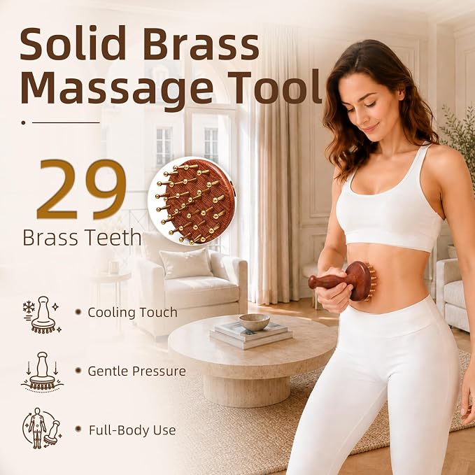 Oleamuo Meridian Massage Brush for Belly, 29-Teeth Brass Head Massage Tool | Rosewood Handle, Cooling Touch, for Scalp & Body Relief