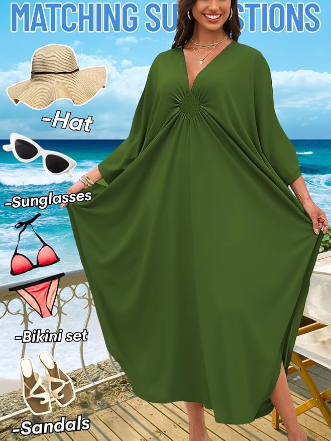 ChiaoLezhee Print Moo-Moos for Women, Kaftan Cover-Up Dresses, Sexy V-Neck High-Slit, Beach Pool-Party Coverups Muumuu Plus