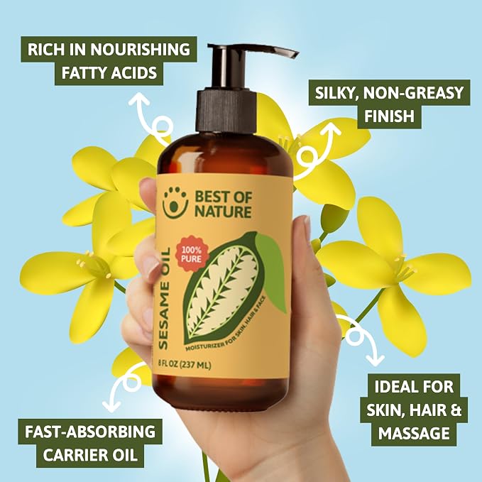 Best of Nature 100% Pure Sesame Natural Unscented Massage Oil, Deep Moisturizing Body & Skin Oil, Perfect Carrier Oil for Essential Oils, 8 fl oz
