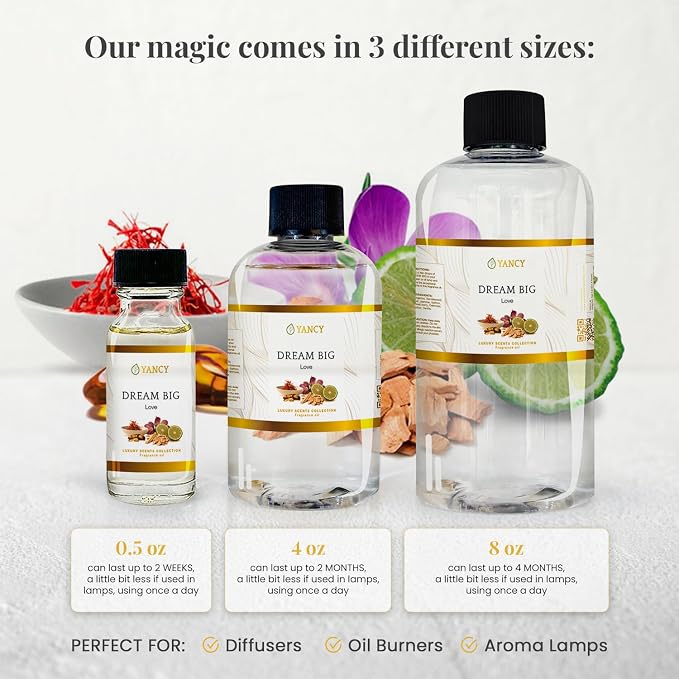 YANCY Dream Big Luxury Collection Fragrance Oil (1/2 oz), Sweet Fruity Scent, Inspiring Aroma for Diffusers, Oil Burners & Aroma Lamps, Boosts Motivation and Enhances Workspace Energy