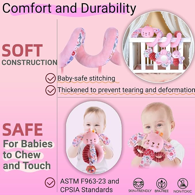 Baby Spiral Car Seat Toys for Babies 0-6 Months Girl, Stroller Hanging Stuffed Animal Carseat Mirror Crinkle Toy 0-3-6-7-12, Newborn Infant Valentines Gifts Easter Basket Stuffers Bunny 3PCS