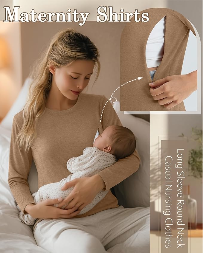 3 Pack Nursing Tops for Breastfeeding Maternity Shirts Zipper Long Sleeve Round Neck Knit Casual Nursing Clothes