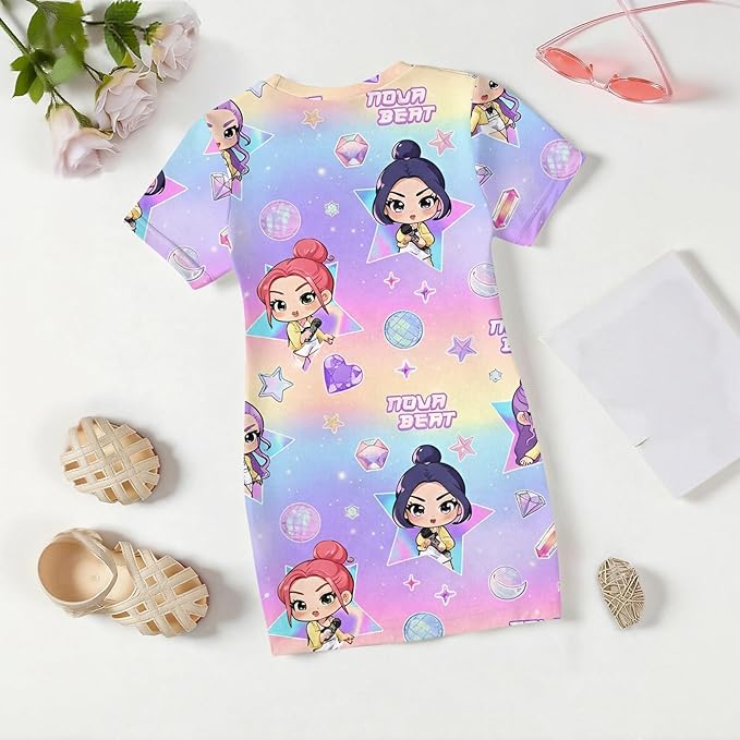 Girl's Anime K-POP Graphic Long Dress T-Shirt - Casual Loose Fit Short Sleeve Top