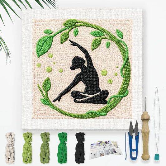 DOODLREAM Zen Yoga DIY Punch Needle Embroidery Kit for Adult Beginner, 9.4" Yoga Meditation Leaf Punch Stitching Craft Set for Starter with Frame,Fabric Pattern,Threader, Yarn, Pinch Needle