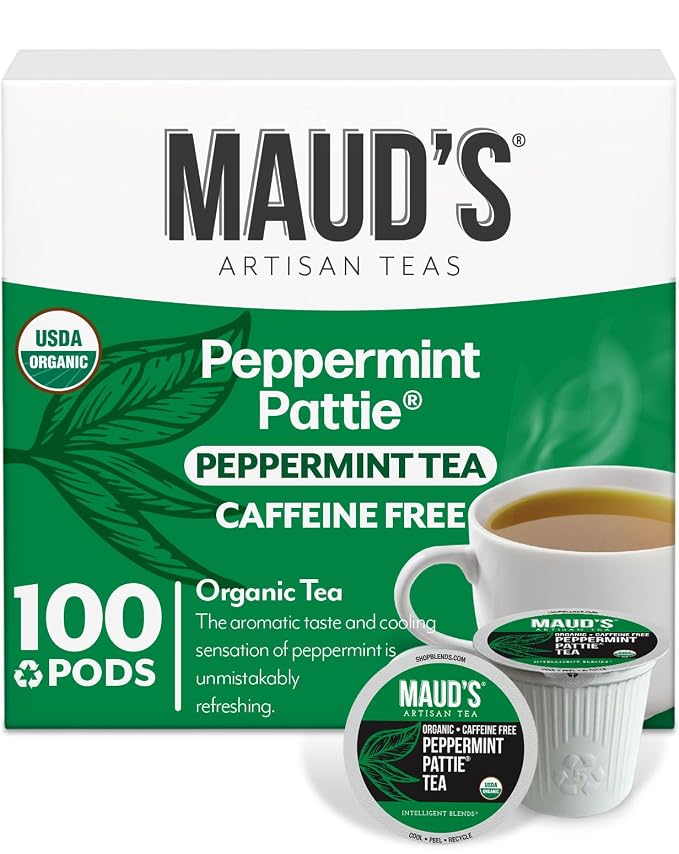 Maud's Organic Peppermint Tea Pods, 100 ct, Single Serve Pods – 100% Gourmet Blended Tea Leaves, Compatible with Keurig K Cups Maker
