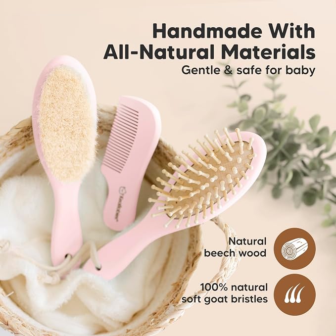 Wooden Baby Hair Brush Set for Newborns, Toddlers - Soft Goat Bristle Baby Brush and Comb Set Newborn Grooming Kit for Cradle Cap Care, Durable & Gentle, Boy, Girl Infant Essentials (Regular, Blush)