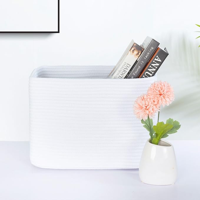 3-Pack Decorative Woven Storage Baskets for Shelves, Cube Bin Box for Organizing Books, Shoes, Dog Toys, Pantry Closet and Living Room Organizer, Full White