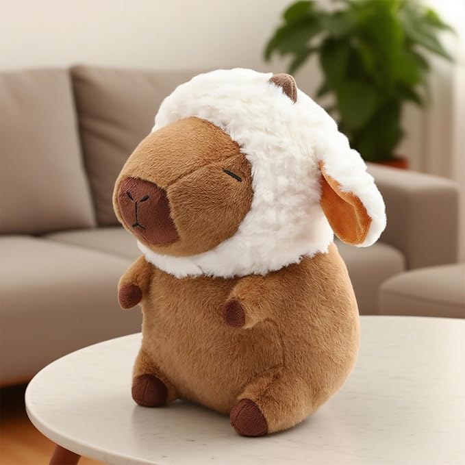 Capybara Plush, Cute Capybara Plush Toy Wear Removable Lamb Hat, Kawaii Soft Capybara Plushie Pillow, 14 inch Capybara Stuffed Animal Hugging Plushy Gifts for Kids Adults (Medium)