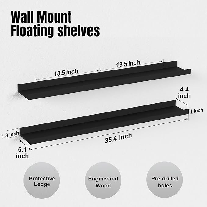 Boswillon Floating Shelves Set of 2, Long Wall Shelf with Lip, 36in, Black | Display Ledge Shelf for Room Wall, Wall Decor Shelves for Bathroom, Living Room, Bedroom, Kitchen, Nursery Room, Modern, Wood