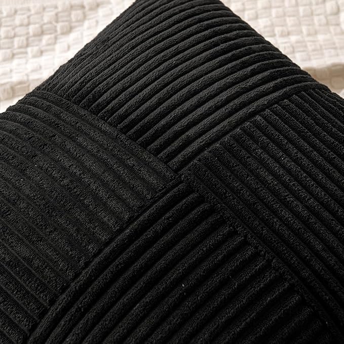 MIULEE Black Decorative Throw Pillow Covers for Couch 18x18 Inch | 2 Pack, Boho Farmhouse Pillow Covers, Soft Cross Corduroy Patchwork Textured Cushion Cases For Bed Sofa