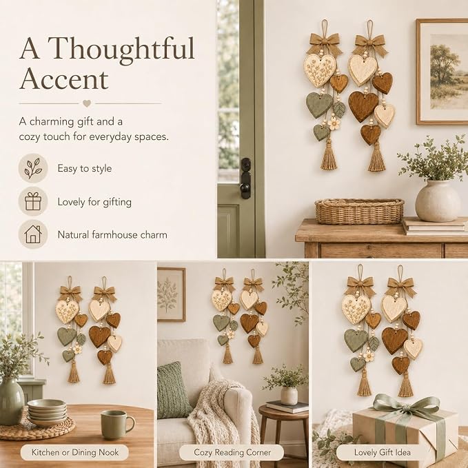 Rustic Solid Wood Heart Wall Hanging, Farmhouse Burlap Bow Decor with Distressed Wooden Hearts & Pendants, Romantic Art for Bedroom & Home Room, Vintage Charm Art Decor Signs(Sage Wildflower)