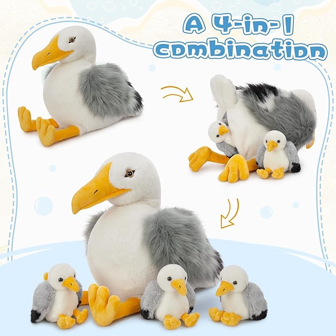 MaoGoLan 4Pcs Big Seagull Stuffed Animal with Babies Inside,17.7" Mama Seagull Plush with Three Adorable Baby Seagull Plushies for Small Hand,Beach Plush Lover Gift for Kids,Boys,Girls