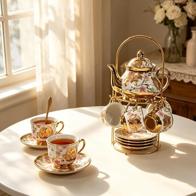 CHANJOON Gold Plated Red Rose Ceramic Tea Set, Vintage Tea Sets with Teapot, Beautiful Tea Set Coffee Serving 6 People (pink, Medium)