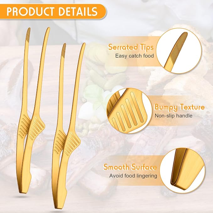 Patelai 2 Pieces Korean and Japanese BBQ Tongs Non Slip Cooking Utensils Stainless Steel Tongs for Serving Food, Salad, Camping, Barbecue, Buffet, Oven with Support Stand (Gold)