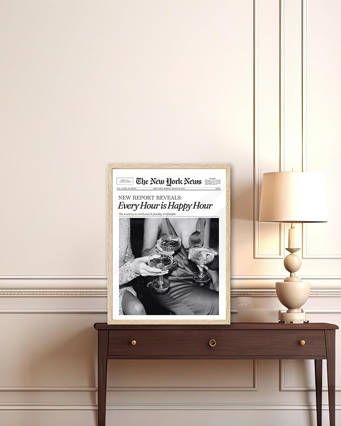 iHery 12x16in Every Hour Is Happy Hour Unframed Newspaper Wall Art | Unframed Canvas Print, Retro Editorial Decor for Bedroom 1Pack