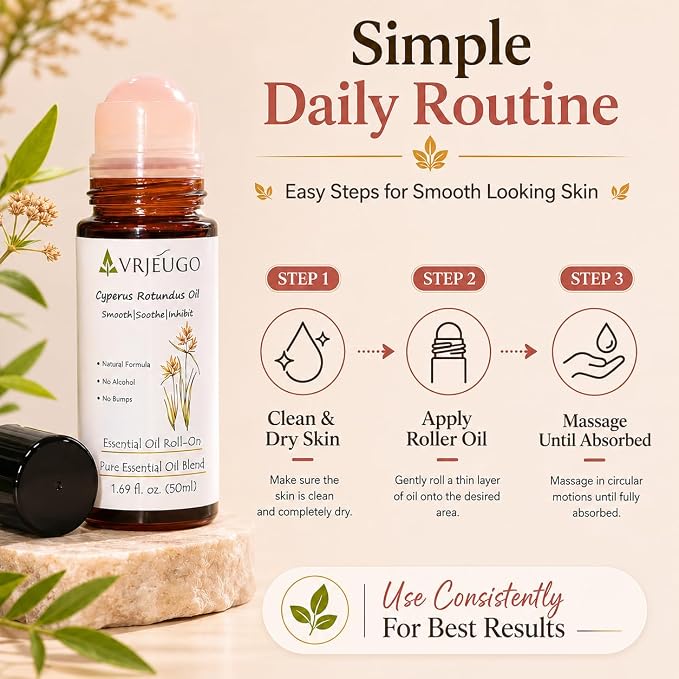 Cyperus Rotundus Oil Roll On for Hair Removal Aftercare, Rose Quartz Roller Botanical After Shave Oil Blend with Argan, Jojoba, Calendula, Lightweight Skin Care for Face & Body, 1.69 Fl Oz