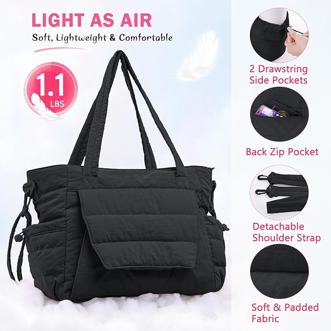 Yoga Tote Bag for Women with Yoga Mat Holder & Luggage Sleeve, Large Pilates Gym Bag with 16" Laptop Compartment, Lightweight Puffer Quilted Travel Tote with Water Bottle Pockets for Work