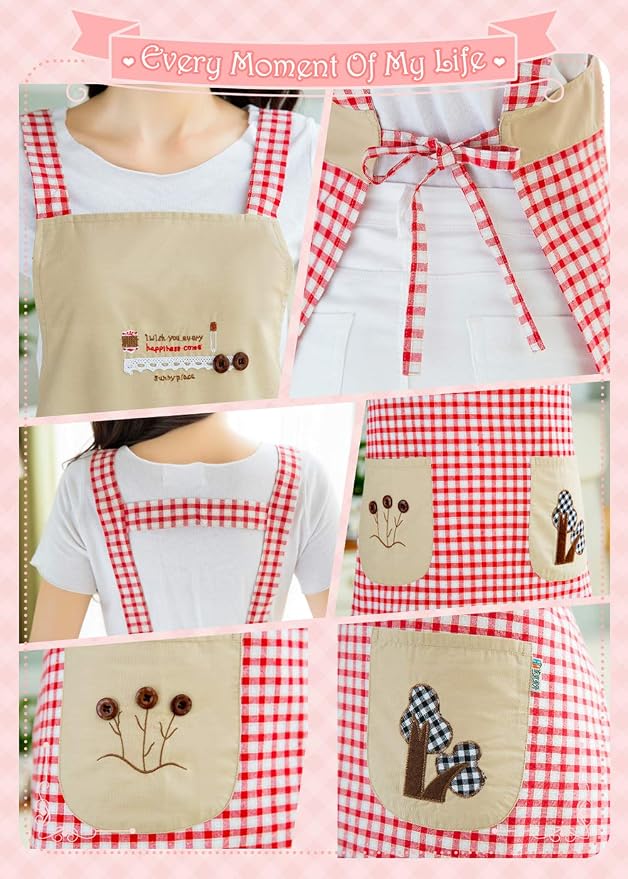 NEWGEM 100% Cotton Patchwork Apron with Pockets - Aesthetic H-Back Gingham Smock for Painting, Gift for Wife Mom (Red/White Cat)