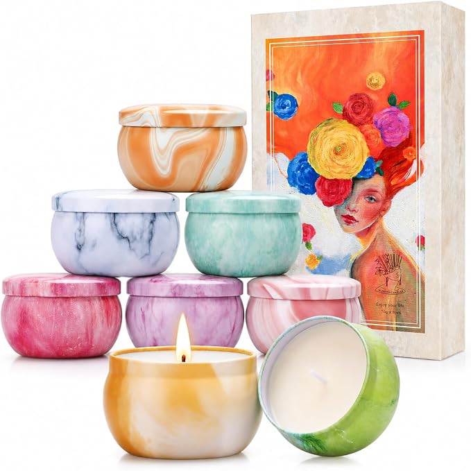 Scented Candles Gift Set, 8 Pack Soy Wax Blend Candles, 70 g Metal Candle Cans with Pastel Marble Cloud Pattern, 8 Assorted Fragrances, Reusable Iron Containers for Home Decor and Gifts