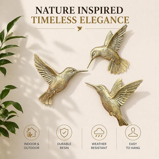 GUSFREUD 3D Hummingbird Wall Decor Set - Brass Resin Bird Wall Decor for Living Room, Bedroom and Gallery Walls - Vintage Gold - Set of 3