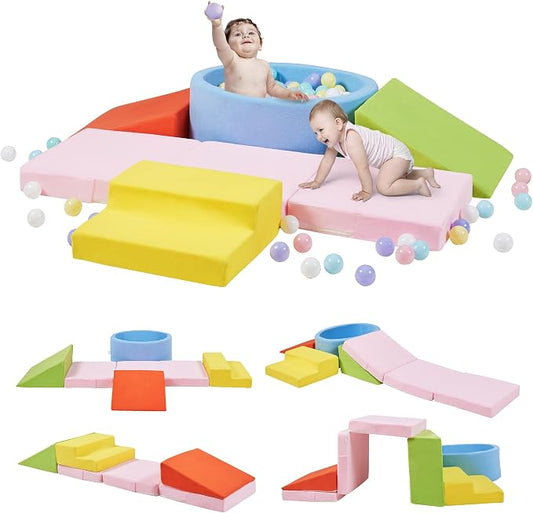 Elftopia Foam Climbing Blocks with Ball Pit & Stairs for Toddlers Aged 1-3 -Soft Playset for Indoor Crawling, Foam Playground Set for Baby to Active Playing Inside -(Balls NOT Included),Multicolored