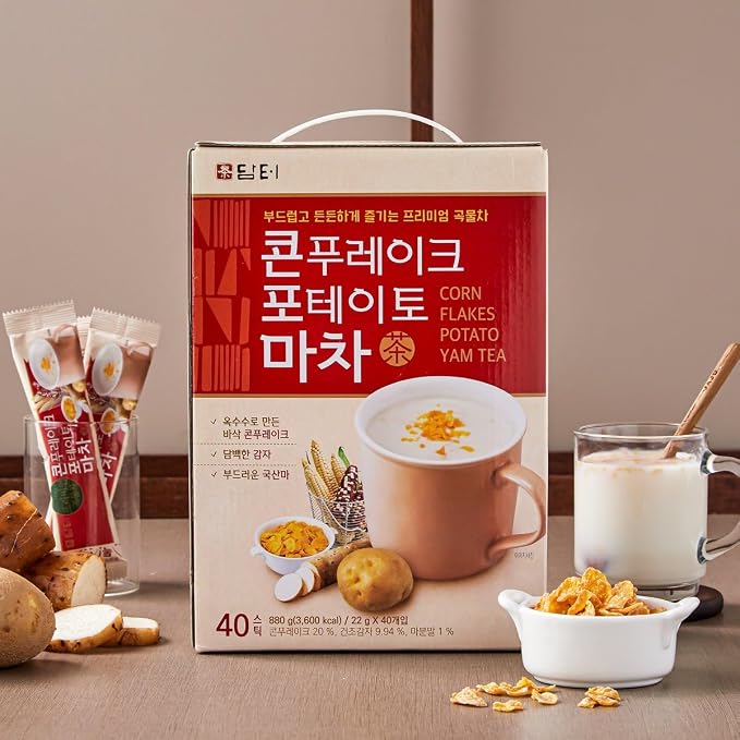 Damtuh Yam (Ma) Tea Powder Drink Mix with Corn Flakes & Potato Flakes – Korean Cereal-Style Instant Hot Drink, Creamy & Smooth, 22g x 12 Stick Packs