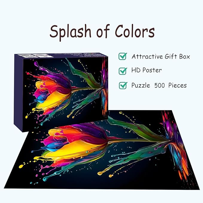 Puzzles for Adults 500 Pieces, Colorful Flower Jigsaw Puzzles - Splash of Colors, Impossible Colorful Wall Art Puzzle for Seniors Families, 20.47x14.96 Inches, 1:1 Poster, Letter On The Back