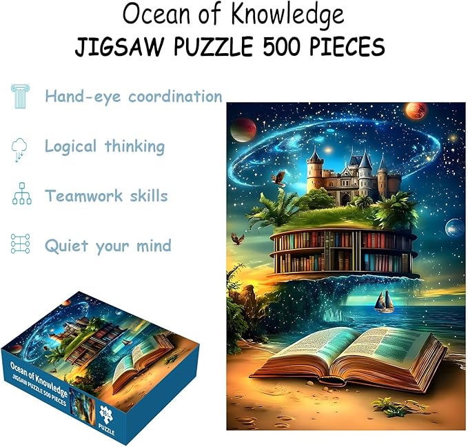 Puzzles for Adults 500 Pieces, Bookshelf Decor Jigsaw Puzzles - Ocean of Knowledge, Impossible Book Puzzle for Seniors Family, 14.96x20.47 inches, 1:1 Poster, Letter on The Back