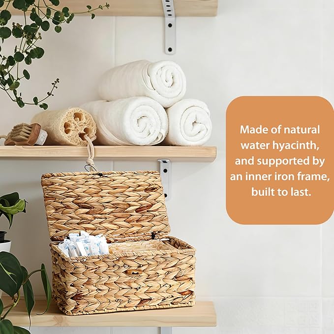 Sumnacon Woven Tampon Holder for Bathroom, Wicker Water Hyacinth Feminine Product Organizer with Lid, Farmhouse Rustic Tampon and Pad Organizer, Woven Storage Baskets Bin for Counter Toilet Tank